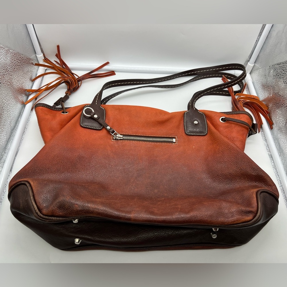 ROOTS Vintage Sunset Orange Brown Ombre Pebbled Leather Shoulder Bag Tote - Picture 4 of 13